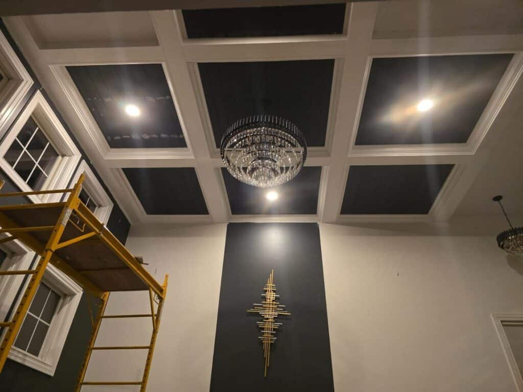 Coffered ceiling installation in Lewis Center, OH featuring poplar beams, crown molding, and premium painted finish by PaintWerks.