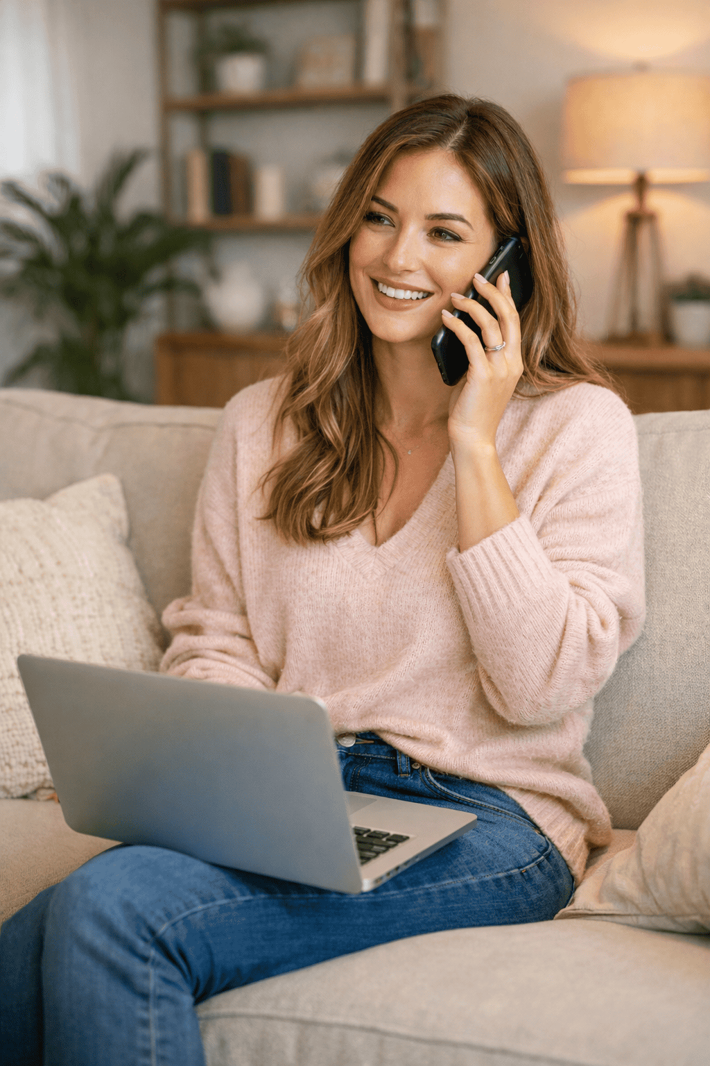 Professional woman on phone with laptop, top-rated Columbus painting contractor for home projects.
